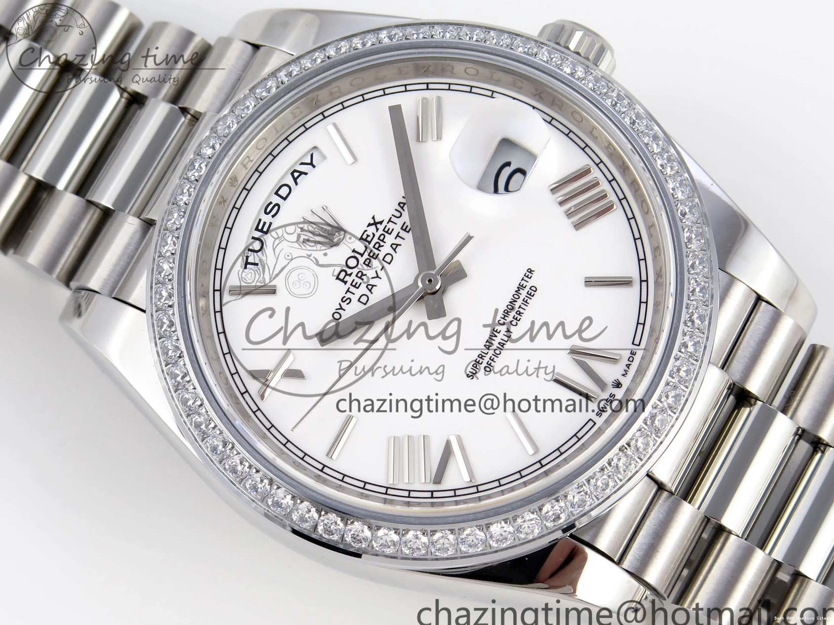 Good Copy Rolex Watches GSF Dial Bezel White Sustainable A 1920 40 SS Roman on Weight DayDate Diamonds Bracelet Gain President 1227